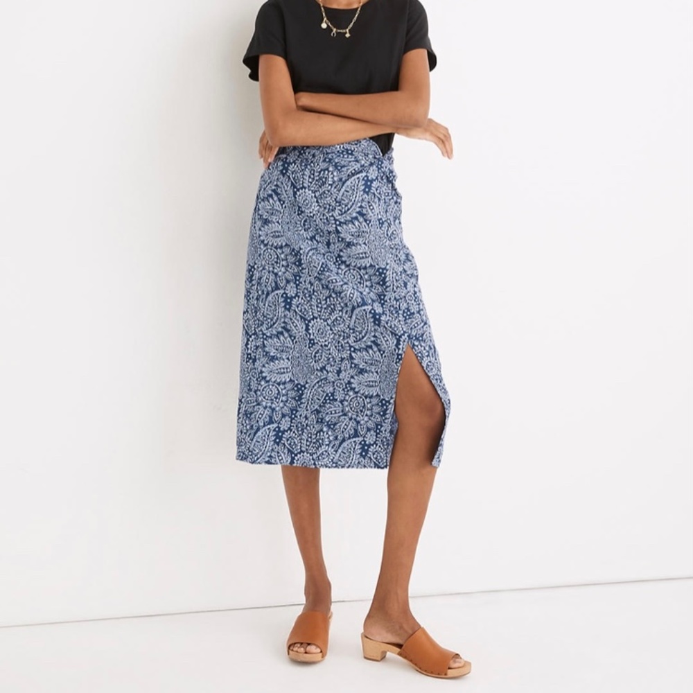 BNWT MADEWELL Linen Blend Knotted Midi Skirt in Paisley Garden Size 10
